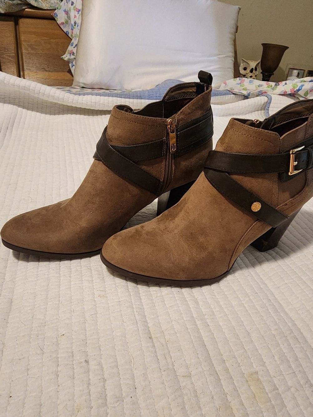 Tommy Hilfiger Tan Faux-Suede Ankle Boots with Strap Accents